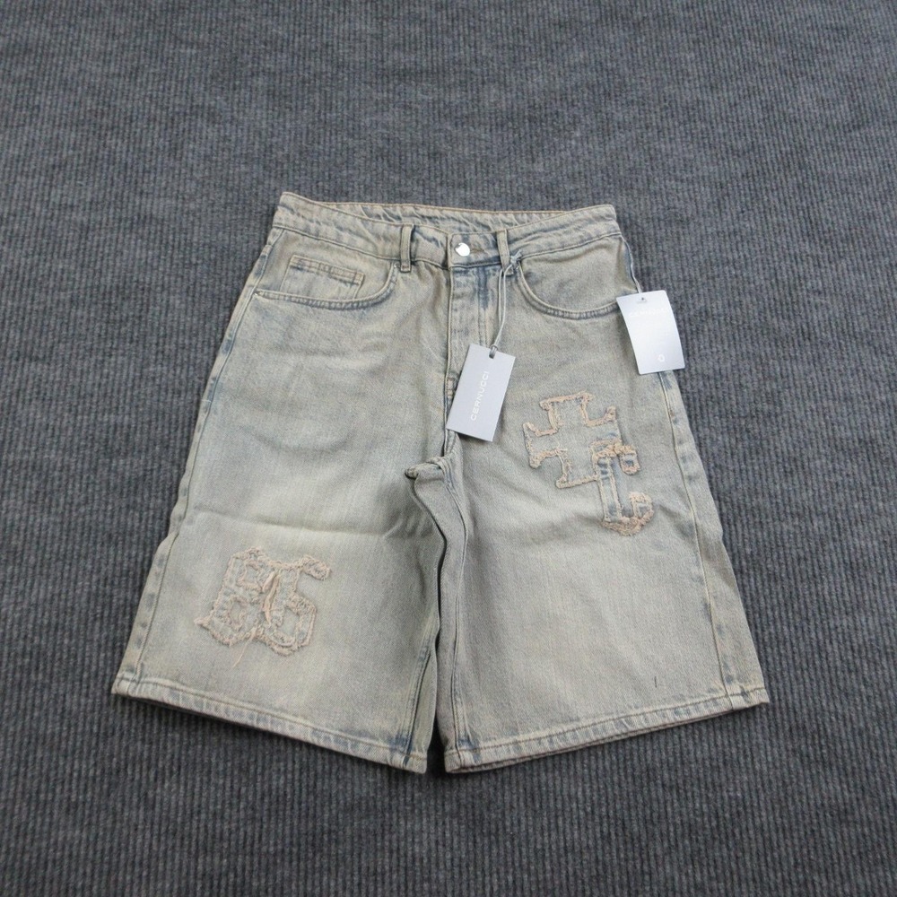 Cernucci Shorts Mens 30 Blue Denim Bermuda Distressed Embroidered 30x11.5* NWT